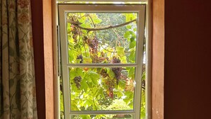 A window with a view of a garden and a wall with a floral curtain. - Mecklenbü mit Teich, Kamin, Sauna und Hotpott (Dargun)