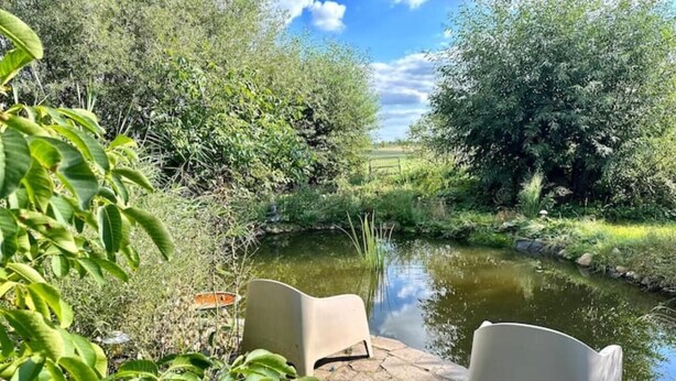 A serene outdoor seating area with two chairs facing a pond, surrounded by lush greenery and trees. - Mecklenbü mit Teich, Kamin, Sauna und Hotpott (Dargun)