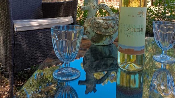 A bottle of S'Elembe wine on a glass table with two wine glasses, a stone wall, and a rustic outdoor setting. - Delightful  house typical of the Sardinian countryside in the Monte Arcosu Park. (Località Macchiareddu-Grogastu I)