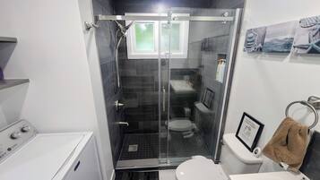 Shower, hair dryer, bidet, towels
