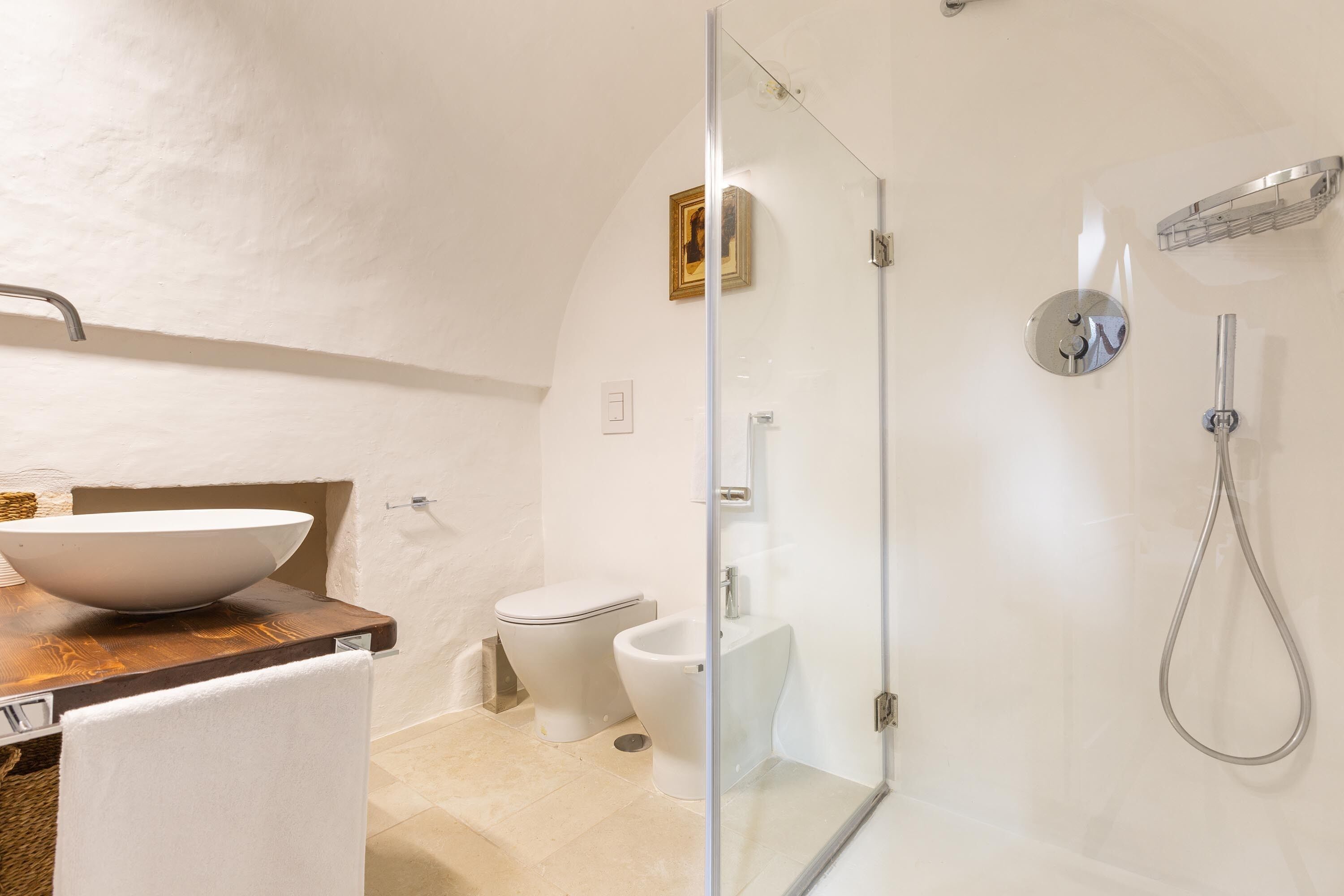 A modern bathroom with a glass-enclosed shower, a wooden vanity with a large bowl sink, and a toilet.