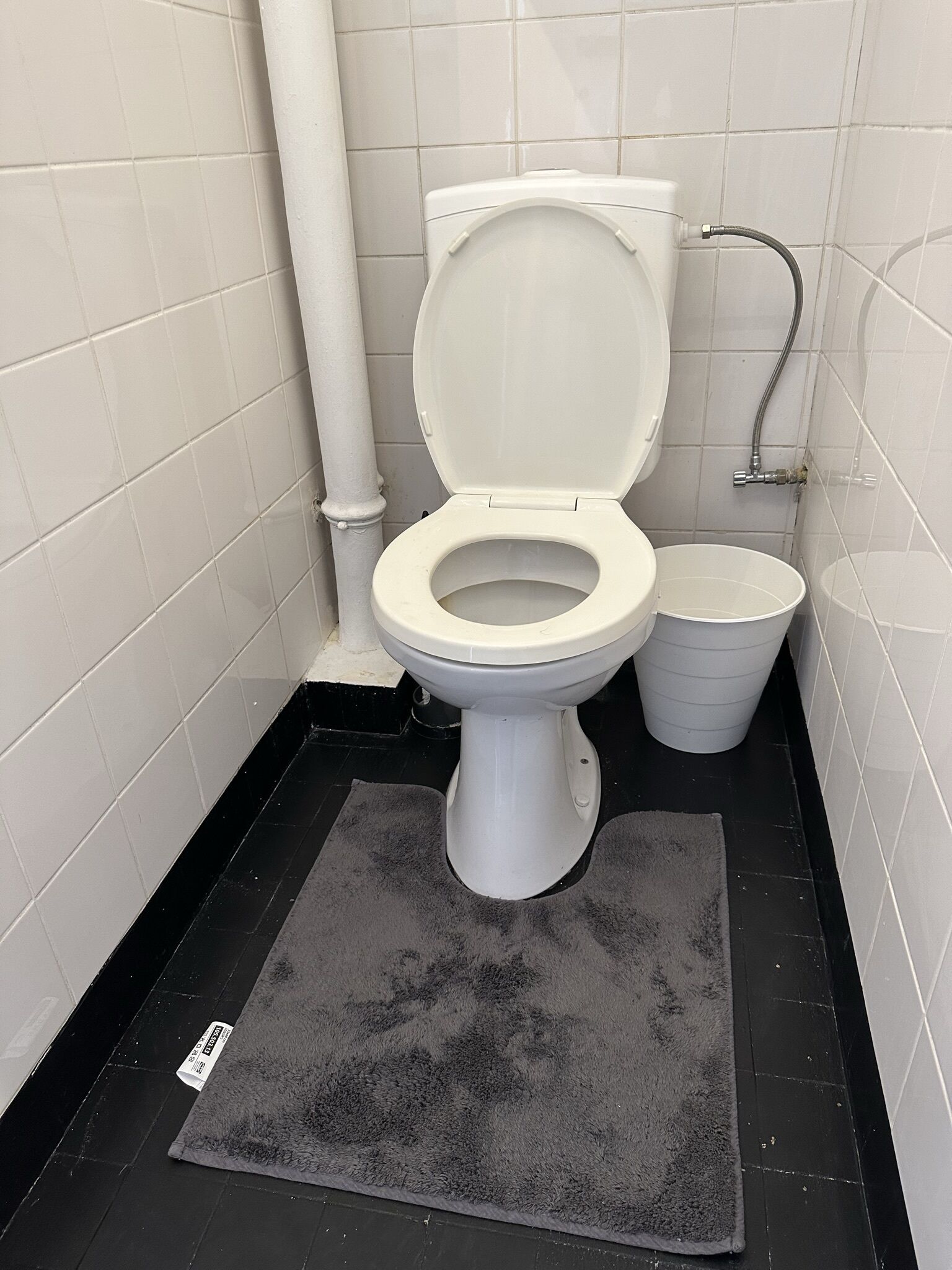 Une salle de bain standard avec des toilettes blanches, une poubelle blanche et un tapis de sol noir.