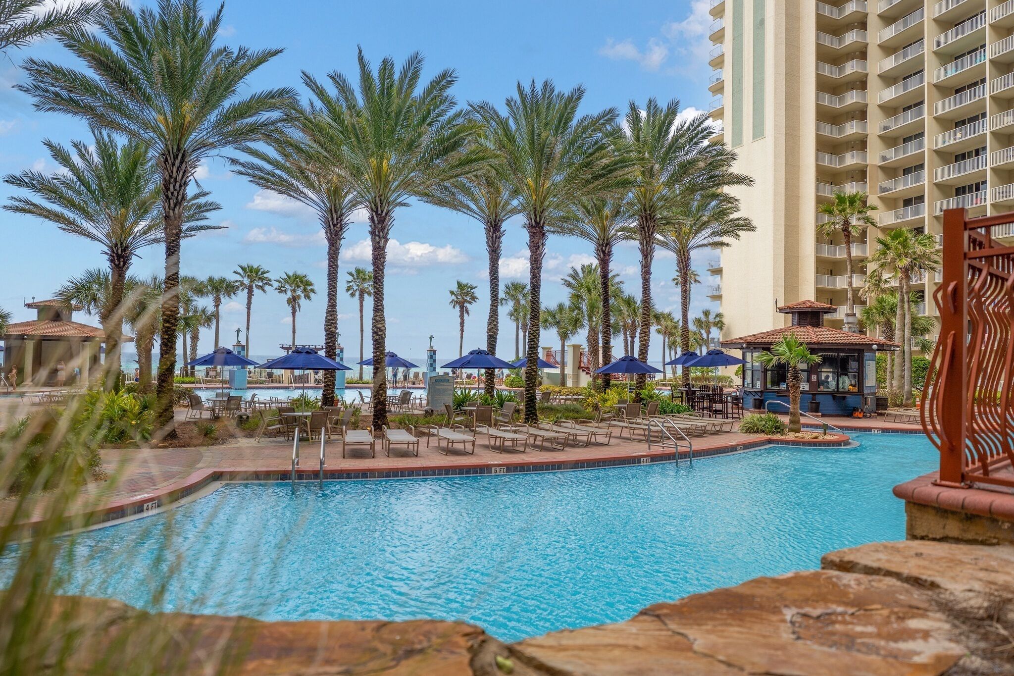 A pool area with palm trees, lounge chairs, and umbrellas.