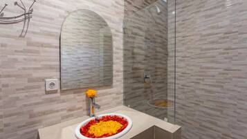 Ducha, secador de pelo, toallas, jabón