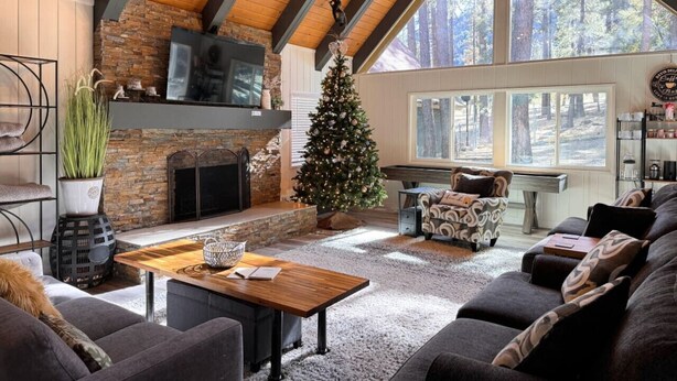 Een gezellige woonkamer met een open haard, een kerstboom en grote ramen met uitzicht op het bos.