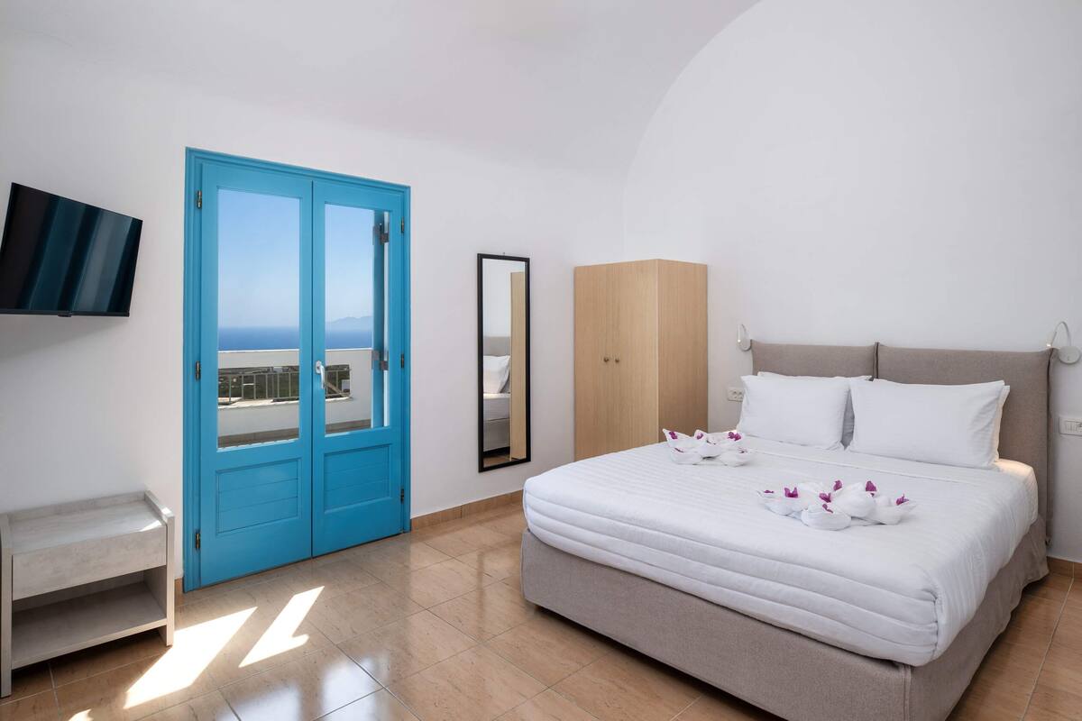 Een hotelkamer met een bed, een blauwe deur, een televisie, een spiegel en een kledingkast.