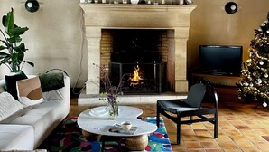 A cozy living room with a fireplace, a television, and a Christmas tree. - Domaine Verneuil, un Havre de Paix Dans Le Perche (La Chapelle-Souëf)