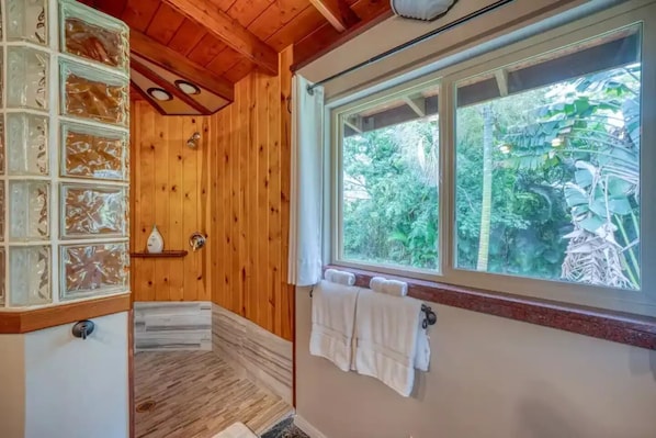 Shower, jetted bath, hair dryer, towels