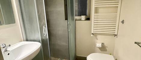 A bathroom with a glass-enclosed shower, a sink, a toilet, and a bidet.