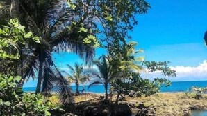 A tropical beach scene with clear water, rocks, and palm trees. - Hotel Green Mountain Cahuita  (Cahuita)