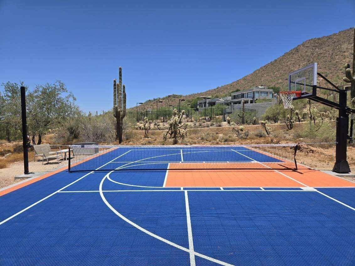 Een basketbalveld met een net, omgeven door cactussen en een gebouw op de achtergrond.