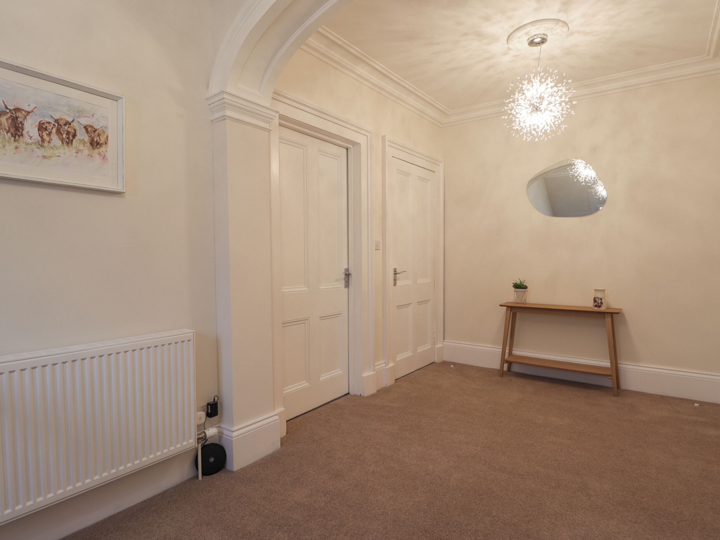 A hallway with white doors, a radiator, a small table with a plant, and a ceiling light fixture.