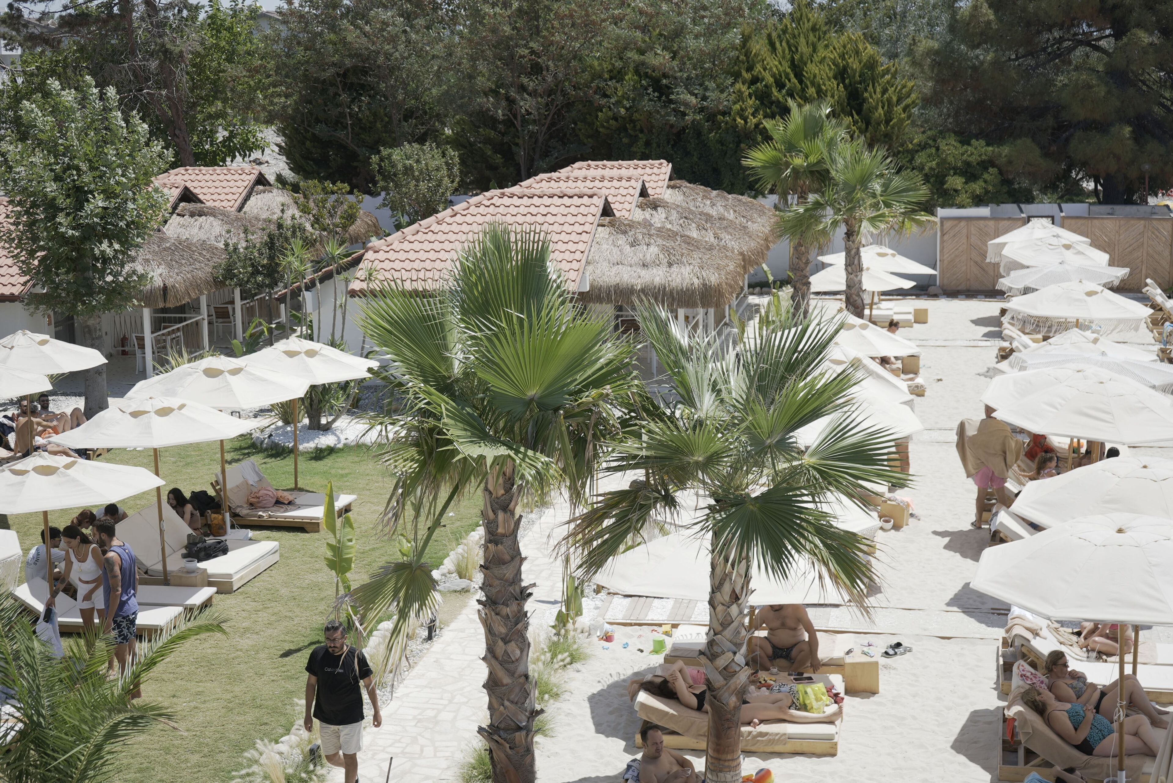 A resort with outdoor seating areas, palm trees, and thatched-roof structures.