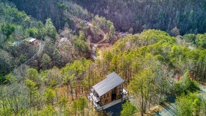 A cabin in a forested valley with a clear view of the surrounding mountains.