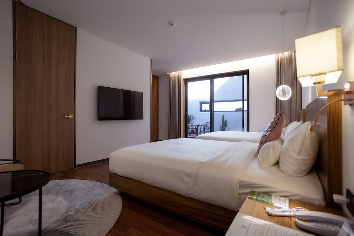 A hotel room with a bed, a TV, a desk with a lamp, and a view of the outdoors.