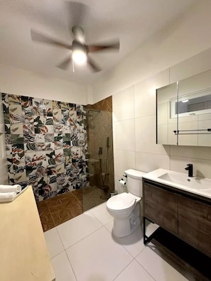 Douche, sĂšche-cheveux, serviettes fournies, savon