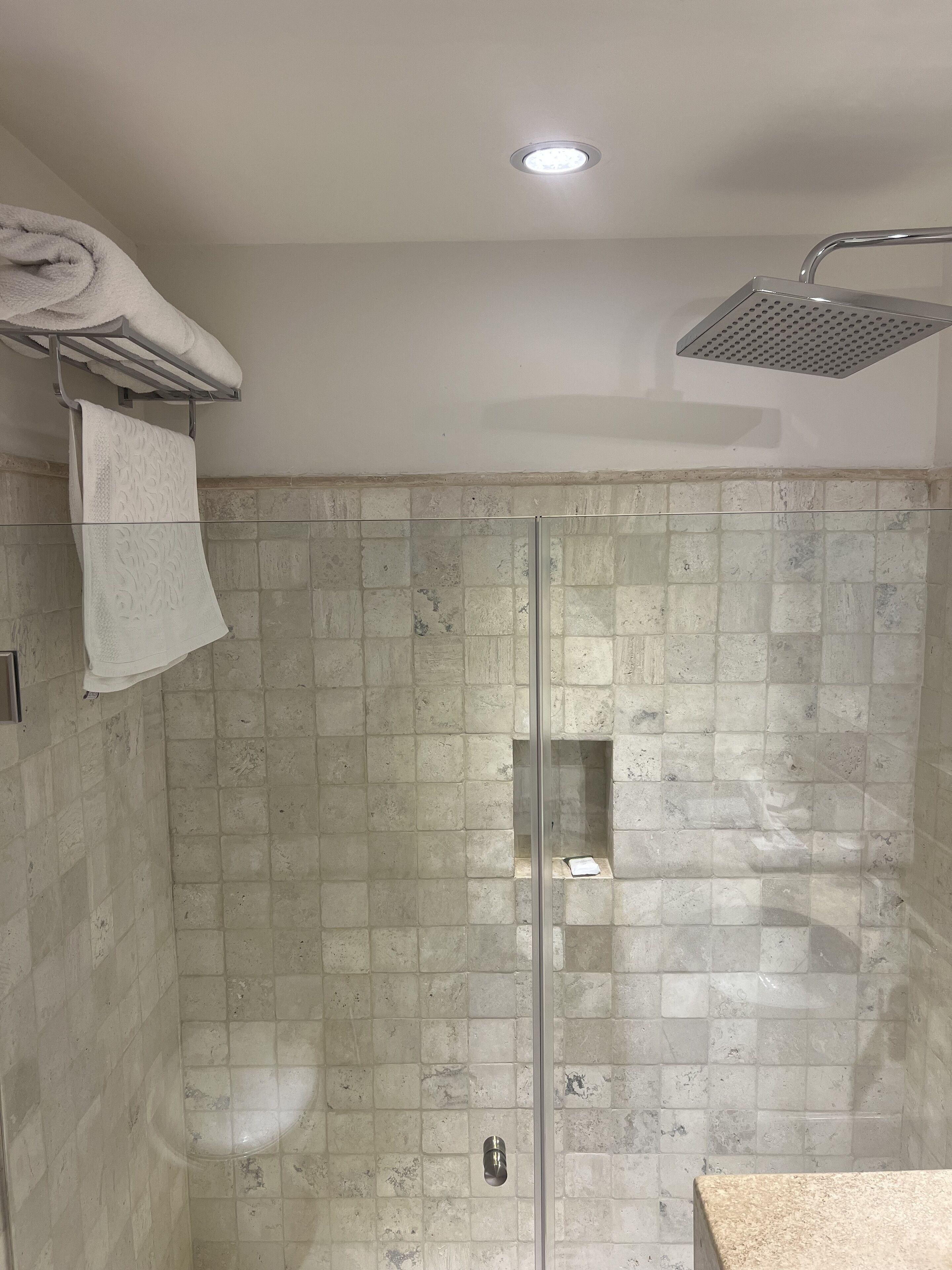 A shower with a glass door, a towel rack, and a ceiling light.