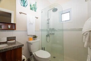 A modern bathroom with a glass-enclosed shower, a toilet, and a vanity with a countertop.
