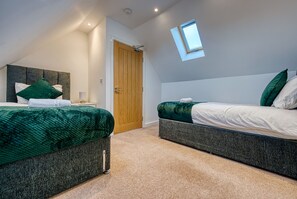 Two separate beds with unique headboards, a skylight, and a wooden door lead to a cozy retreat.
