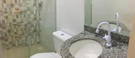 Hair dryer, towels, soap, toilet paper