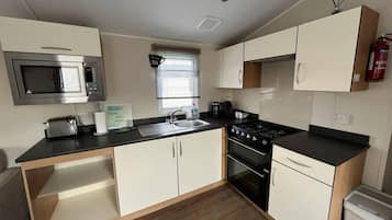 Cabin | Private kitchen | Fridge, microwave, oven, stovetop