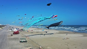 Une plage où l’on peut voir de nombreux cerfs-volants, un véhicule de type voiturette de golf et une route avec des véhicules.