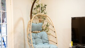 A room with a hanging chair, a television, and a plant.