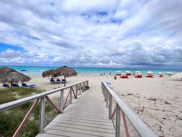 Plage à proximité, sable blanc, chaises longues, parasols