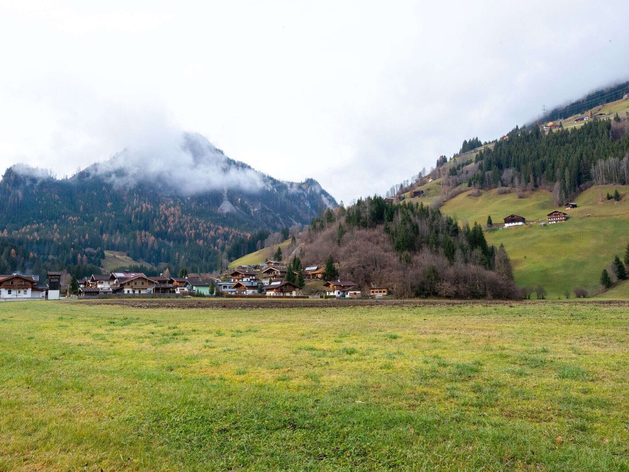 A rural village with traditional wooden houses, a grassy field, and a mountain in the background.