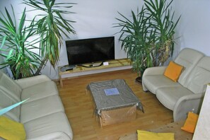 A living room with a television on a wooden stand, two sofas with orange cushions, and large potted plants. - Apartment in Aschau near Ski Lift Kaltenbach (Aschau im Zillertal)