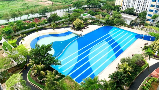 Una gran piscina de diseño curvo, rodeada de exuberante follaje y palmeras.