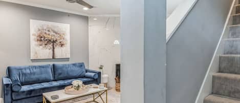 Smart TV, fireplace, DVD player, books