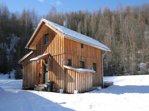 Una cabaña de madera con techo a dos aguas, un porche delantero y una chimenea.