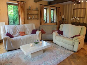 Télévision, cheminée, lecteur de DVD, baby-foot