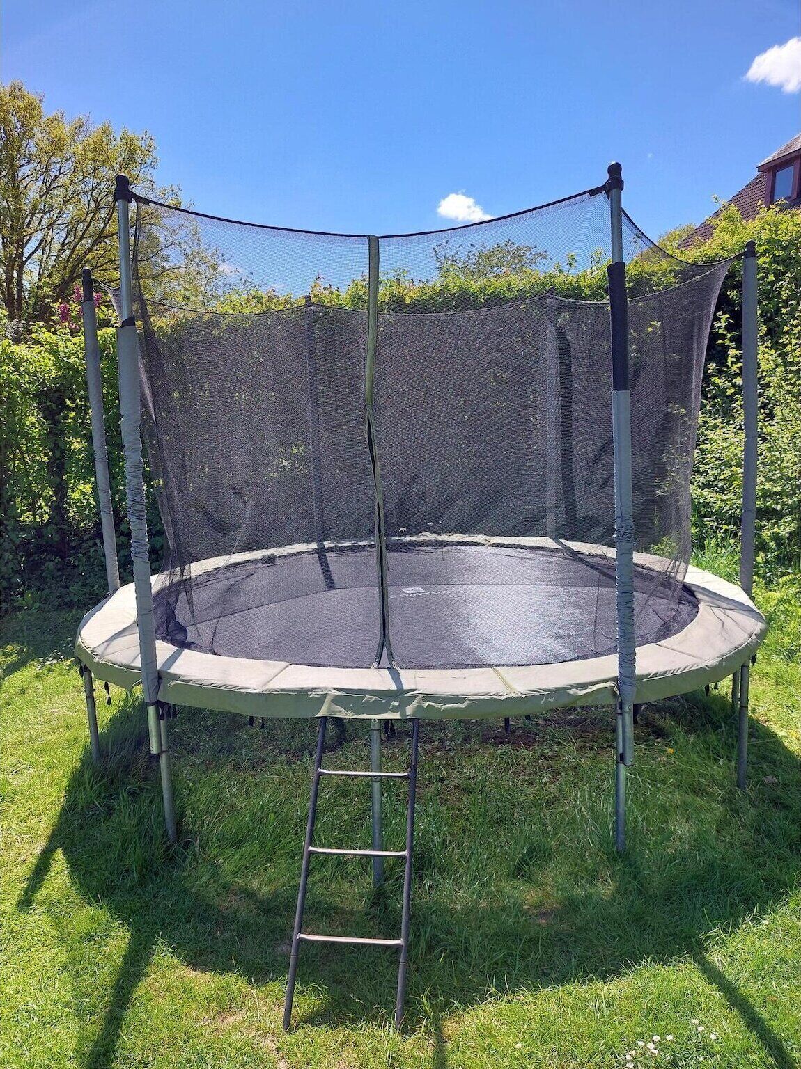 Un trampolín con red de seguridad, rodeado de césped y árboles.