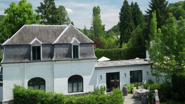 A white building with a grey roof, surrounded by lush greenery and trees. - Namur Mansion by the Meus (Hastière par Dela)