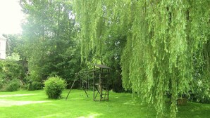 A garden with a swing set, a small wooden structure, and lush greenery.