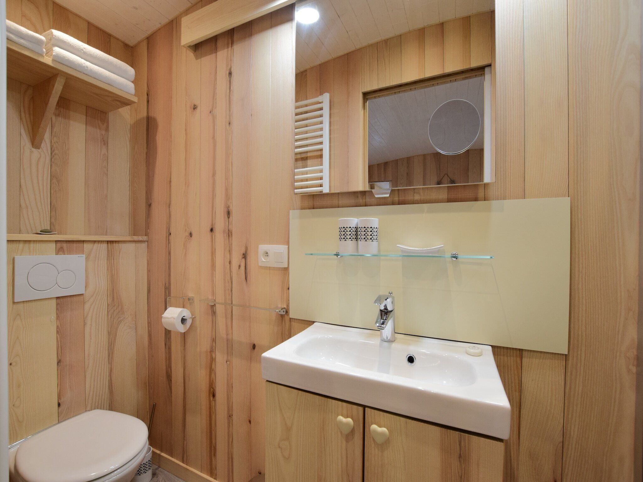 A wooden bathroom with a toilet, a sink, and a mirror.