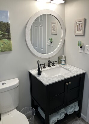 Bathroom features a white toilet, black vanity with a countertop, and a round mirror above the sink.