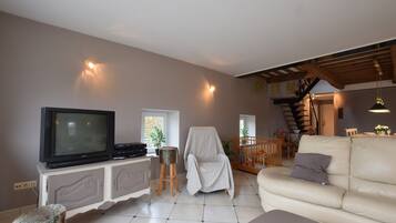 Télévision, lecteur de DVD, baby-foot, table de tennis de table