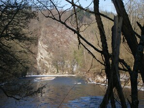Un paysage naturel comprenant une rivière, des arbres et une falaise rocheuse.