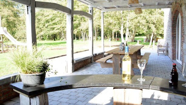 A covered outdoor patio with a wooden table, a potted plant, and a bottle of wine. - Group Villa with Sauna (Amonines)
