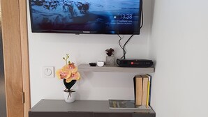 Un téléviseur à écran plat fixé au mur, au-dessus d’un meuble sombre doté de deux portes.
