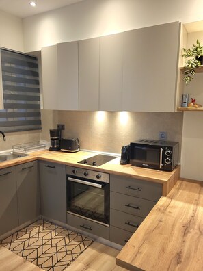 Lägenhet Deluxe | Eget kök | Stort kylskåp, mikrovågsugn, ugn och spishäll