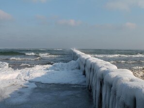 Une mer gelée, avec une barrière de glace massive au premier plan.
