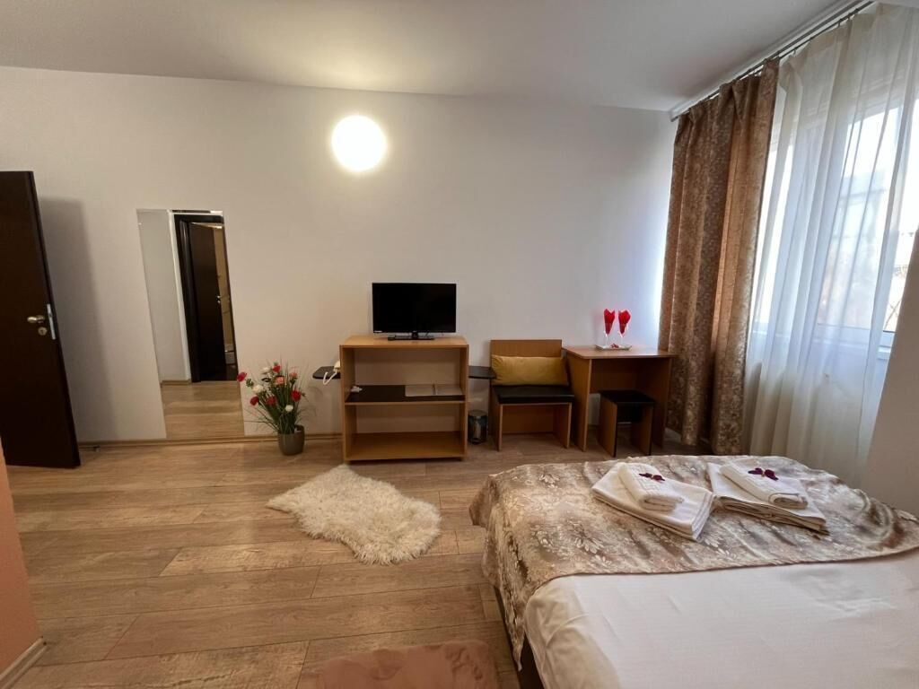 Habitación de hotel con cama, escritorio, televisor, silla, mesita, planta en maceta y una puerta.