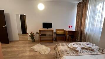 Habitación de hotel con cama, escritorio, televisor, silla, mesita, planta en maceta y una puerta.