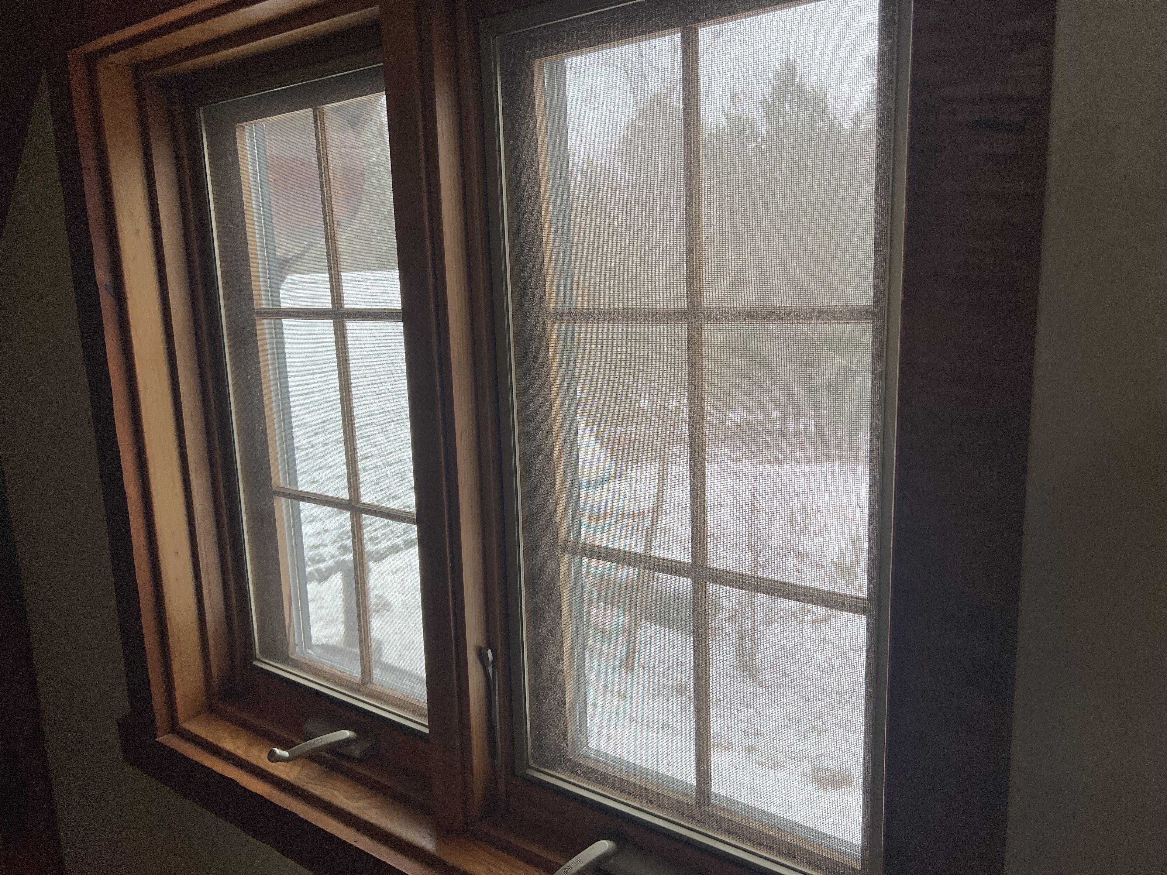 A window with a wooden frame and a metal screen.