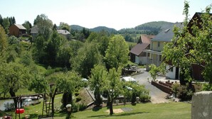 A residential area with houses, a playground, and a river.