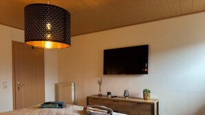 Ein Schlafzimmer mit einem Bett, einem Schminktisch, einem Fernseher und einer Heizung.
